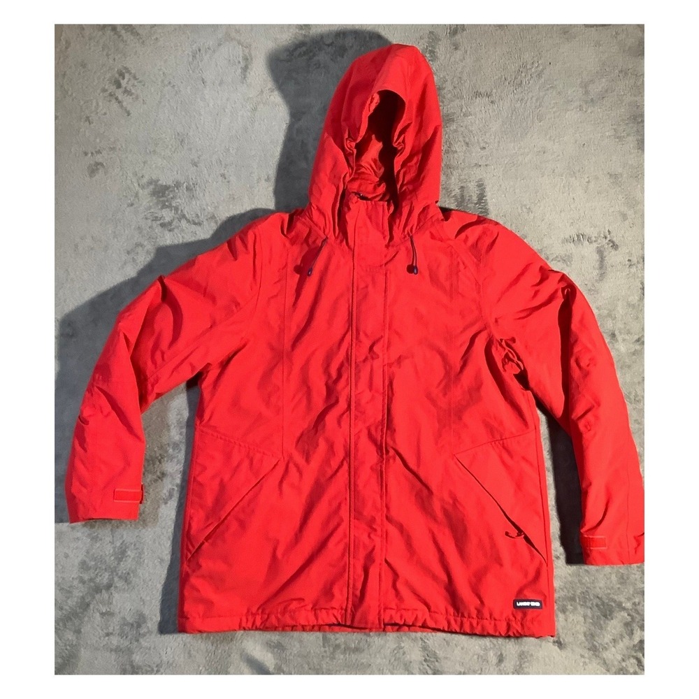 Lands' End Women's Large Red Fleece Lined Hooded Jacket Rain Coat L 14-16